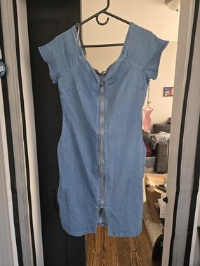Rainbow Light Blue Denim Zip-Front Dress
